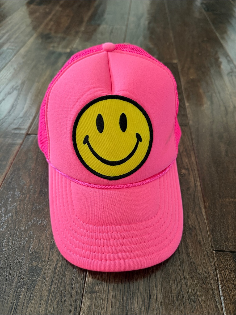 Aviator Nation Hot Pink Trucker Hat with Yellow Smiley Patch